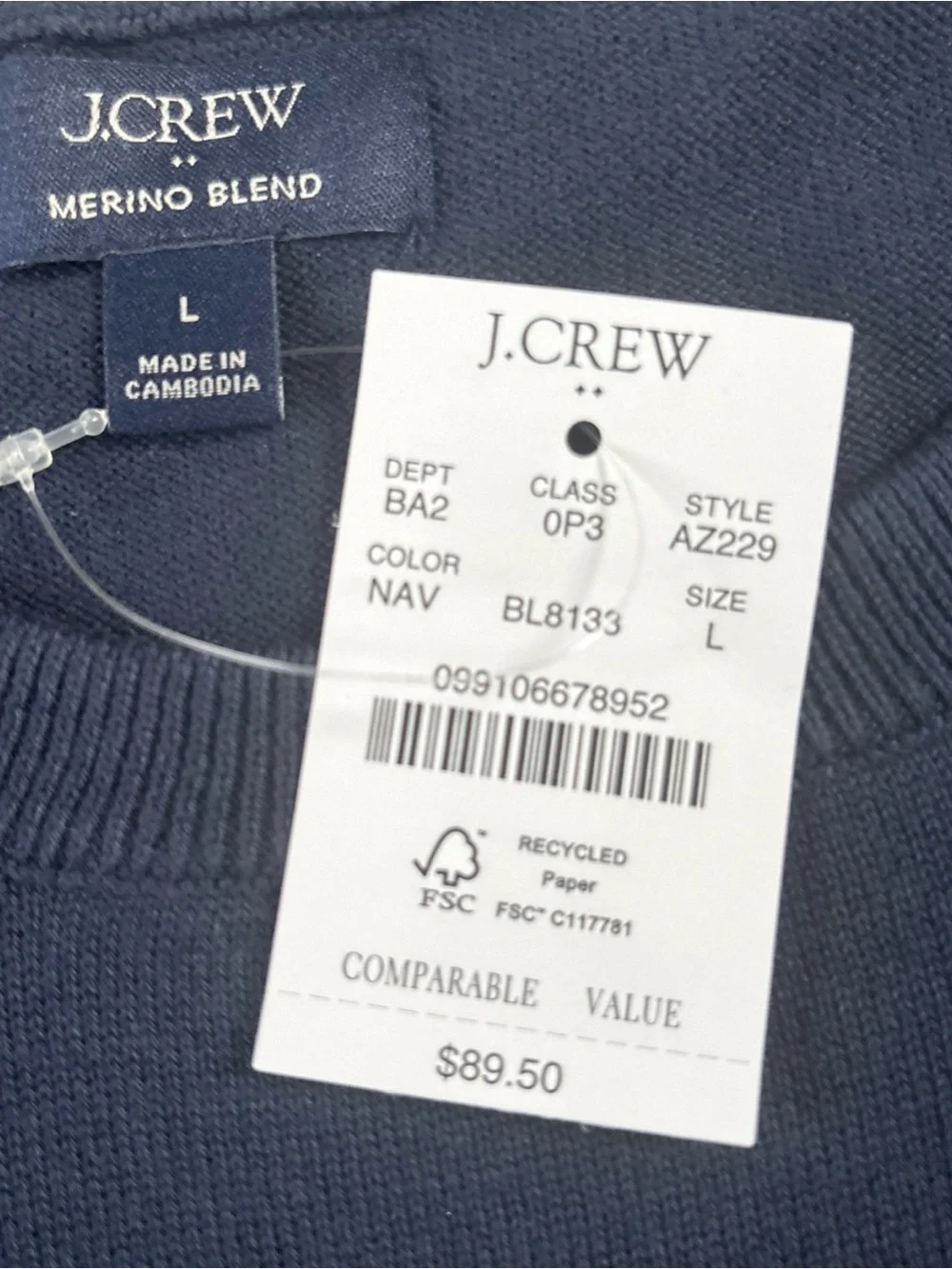 Nwt J. Crew  Men's Navy Crewneck Sweater size large 100% cotton